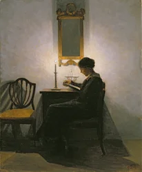 Woman reading by candlelight, 1908